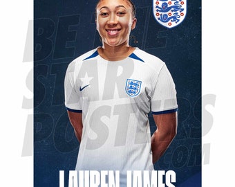May include: A woman wearing a white soccer jersey with the England team logo and the name "Lauren James" printed on the front. She is smiling and has her hands behind her back. The background is a dark blue.