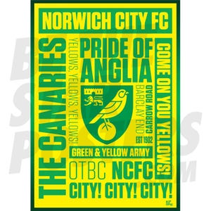 Norwich City FC Word Poster - Officially Licensed Product A4 / A3 / A2  + Framed Option