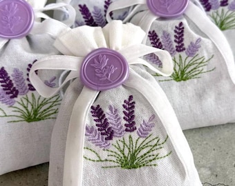 Embroidered Linen Lavender Sachets with Wax Seal, French Cottage Wedding Favors