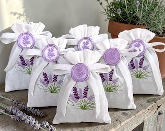 Embroidered Linen Lavender Sachet Bags, Wedding Bridal Shower Guest Favors