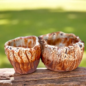 Puede incluir: Dos cuencos de cerámica hechos a mano con un diseño orgánico texturizado. Los cuencos presentan una combinación de colores marrón y crema, con un borde rugoso e irregular. Los cuencos están colocados sobre una superficie de madera, con un fondo verde borroso.