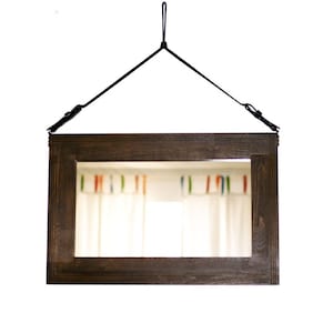 Large wall mirror on leather strap, Wood frame mirror for hallway, Modern solid wood mirror for wall, Rustic mirror for bathroom &quot;Winnipeg&quot;