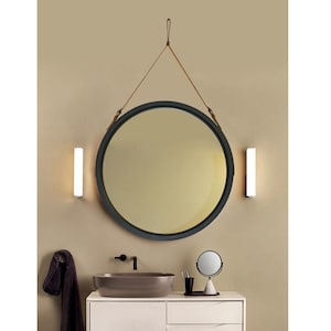 Black round mirror wall decor Leather strap wood bathroom mirror, Wood framed large wall mirror Black frame Leather mirror for Beauty Salon image 3