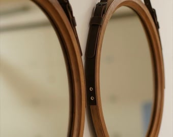 Round mirror with leather strap for bathroom, Modern wall mirror, Farmhouse large mirror, Wooden mirror for living room, Brown frame mirror