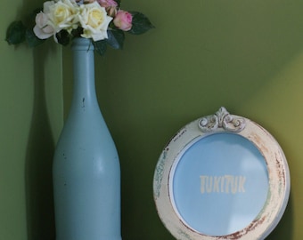 Round picture frame with vintage finish, Small wooden picture frame, Vintage wooden photo frame, Decorative frame with glass "Olimp"