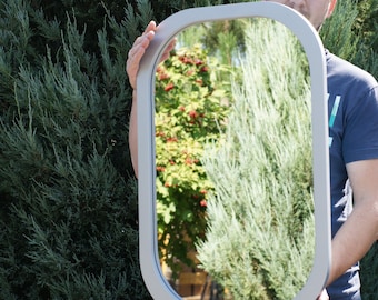 Modern wall mirror with wooden frame, Large mirror for hallway, entryway, Rounded corner mirror for decor, Decorative mirror for bathroom