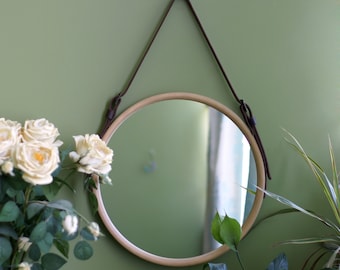 Round vanity mirror, Brown farmhouse mirror, Wood mirror, Modern mirror, Bathroom mirror, Leather mirror, Modern Wall Mirror, Hanging Mirror