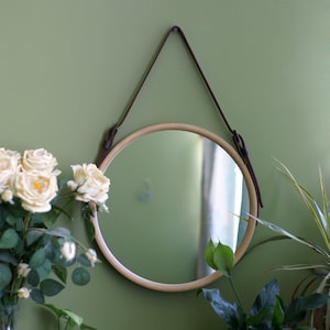 Round vanity mirror, Brown farmhouse mirror, Wood mirror, Modern mirror, Bathroom mirror, Leather mirror, Modern Wall Mirror, Hanging Mirror