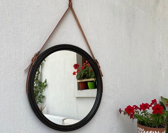 Black round mirror leather strap Mirror wall decor for bathroom, Large wall mirror Circle mirror Leather mirror Hallway mirror Wooden mirror