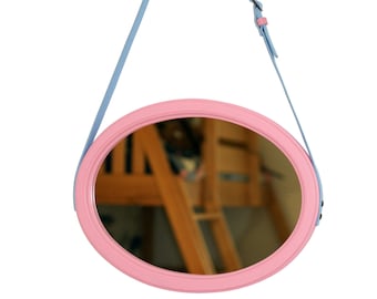 Oval mirror for kids room, Pink frame wall mirror, Girls room hanging mirror with leather strap, Mirror for girls, Pink princess mirror