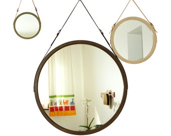 Wood frame bathroom mirror wall decor, Large wood mirror, Round wall hanging mirror, Modern mirror, Decorative mirror, Leather strap mirror