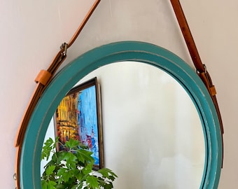 Round mirror with leather strap, Distressed wooden frame modern wall mirror for Living room, Hallway & Bathroom, Scandinavian design mirror