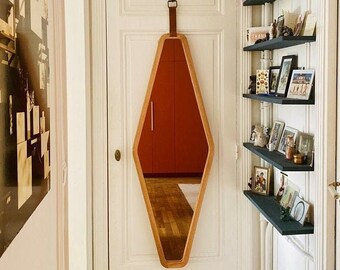 Espejo de pared moderno grande de cuerpo entero, espejo colgante de pared de los años 70 de madera maciza, espejo de diseño hecho de madera maciza en varios colores