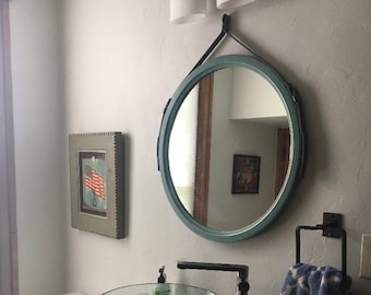 Modern round wall mirror for living room & hallway, Wooden frame bathroom mirror, Decorative mirror for wall, Scandinavian entry mirror