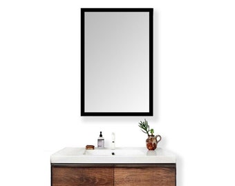 Solid wood framed mirror bathroom, Black industrial mirror wooden frame, Large wall hanging mirror, Wooden frame modern living room mirror