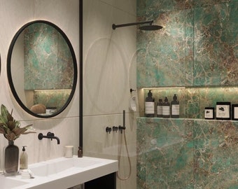 Rund väggspegel i art déco-stil med träram, Svart hängande spegel med rund ram för modernt badrum, Stor dekorativ spegel för loftinredning
