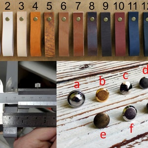 May include: Twelve leather pulls in various colors, numbered 1 through 12.  A close-up of seven different metal knobs labeled a through g.