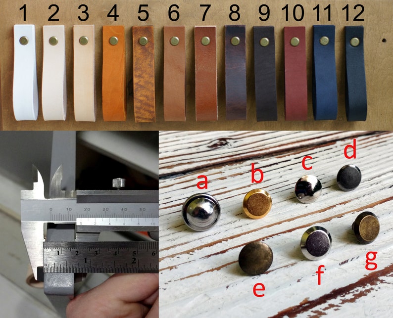 May include: Twelve leather pulls in various colors, numbered 1 through 12.  A close-up of seven different metal knobs labeled a through g.