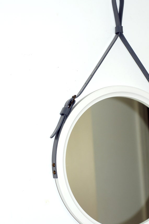 White Round Mirror Strap Wall Hanging Leather Home Decor Vanity Large Monaco