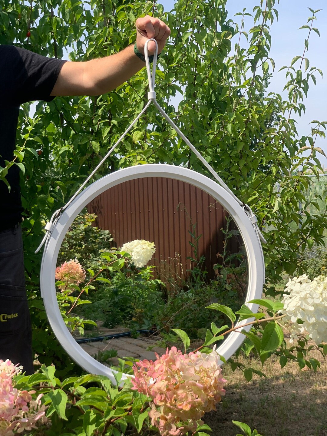 White Round Mirror on Leather Strap for Living Room Modern Mirror for