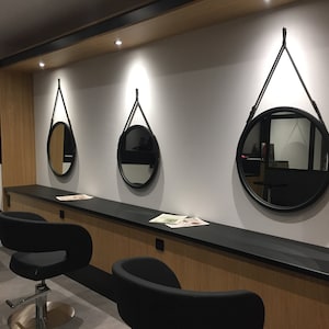 Round vanity mirror, Brown farmhouse mirror, Wood mirror, Modern mirror, Bathroom mirror, Leather mirror, Modern Wall Mirror, Hanging Mirror Black Matt Paint