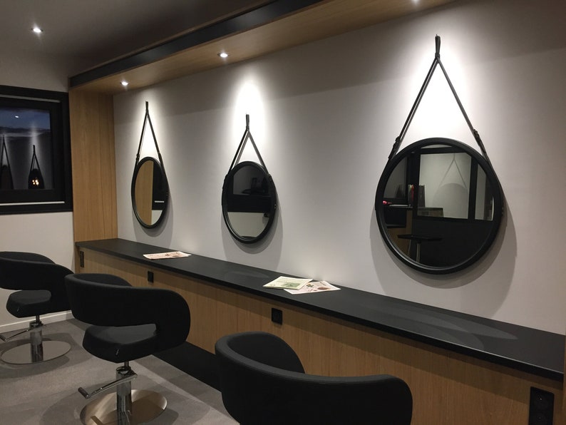 Round vanity mirror, Brown farmhouse mirror, Wood mirror, Modern mirror, Bathroom mirror, Leather mirror, Modern Wall Mirror, Hanging Mirror Black Matt Paint