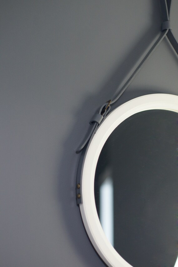 White Round Mirror Strap Wall Hanging Leather Home Decor Vanity Large Monaco