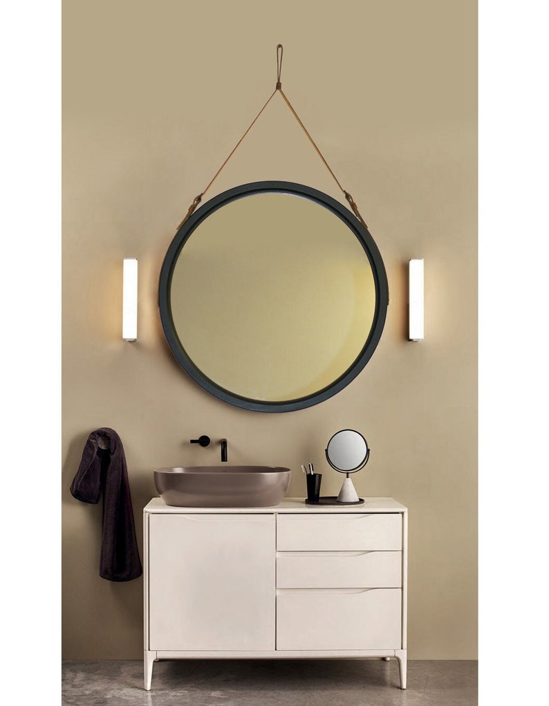 Black round mirror wall decor Leather strap wood bathroom mirror, Wood framed large wall mirror Black frame Leather mirror for Beauty Salon image 3