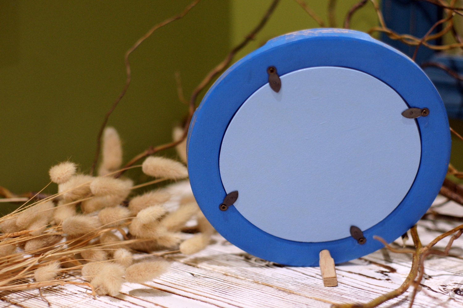 Round Picture Frame With Vintage Blue Finish Wooden Photo Etsy