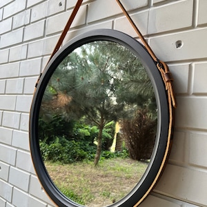 Black round mirror wall decor Leather strap wood bathroom mirror, Wood framed large wall mirror Black frame Leather mirror for Beauty Salon image 1