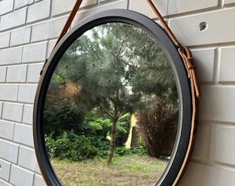 Black round mirror wall decor Leather strap wood bathroom mirror, Wood framed large wall mirror Black frame Leather mirror for Beauty Salon