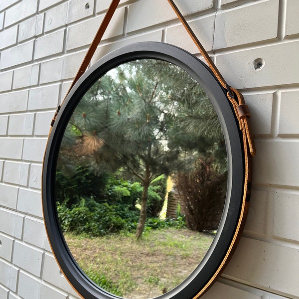 Black round mirror wall decor Leather strap wood bathroom mirror, Wood framed large wall mirror Black frame Leather mirror for Beauty Salon