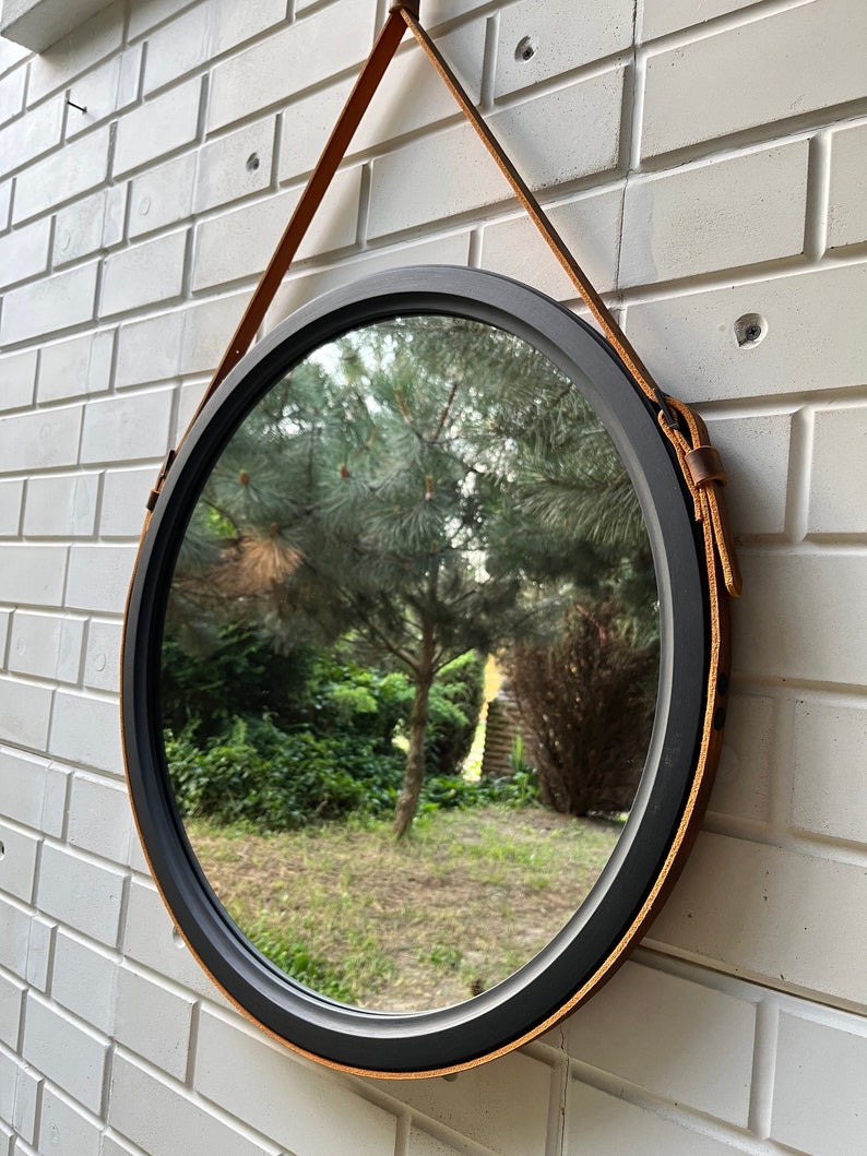 Black round mirror wall decor Leather strap wood bathroom mirror, Wood framed large wall mirror Black frame Leather mirror for Beauty Salon image 1