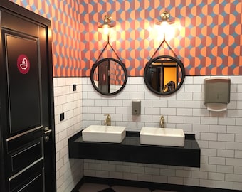 Black round mirror on leather strap, Bathroom round mirror for wall, Wood framed round mirror for Beauty Salon, Black frame mirror for hall