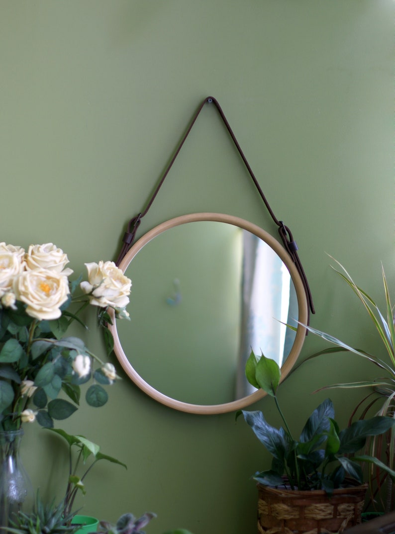 Round vanity mirror, Brown farmhouse mirror, Wood mirror, Modern mirror, Bathroom mirror, Leather mirror, Modern Wall Mirror, Hanging Mirror Natural Brown Strap