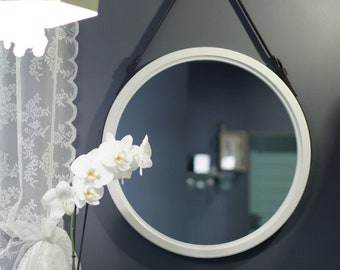 White round mirror for bathroom, Wood modern mirror for wall, Leather strap mirror, Wood frame hanging mirror, Beauty salon vanity mirror