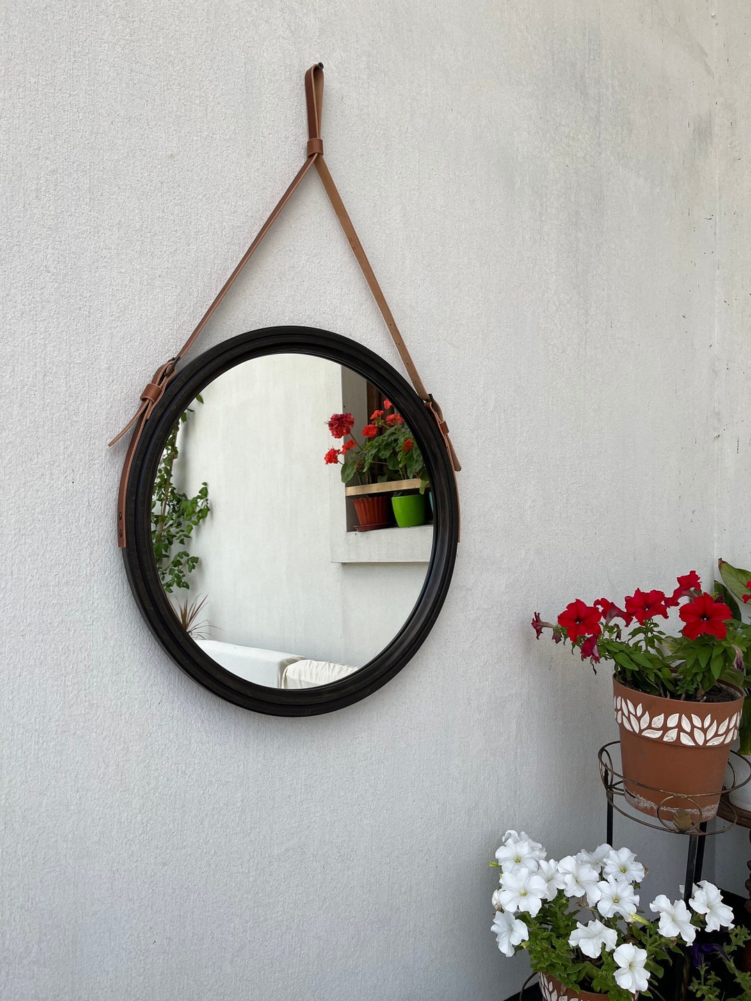 Black Round Mirror Leather Strap Mirror Wall Decor for Bathroom, Large