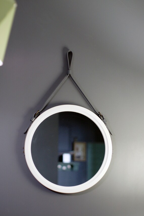 White Round Mirror Strap Wall Hanging Leather Home Decor Vanity Large Monaco