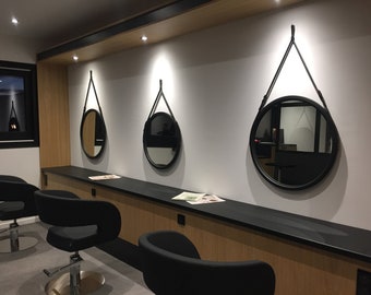 Black round mirror for wall Fashion Mirror for beauty salon, Circle bathroom mirror on leather strap Wood framed round mirror for hallway