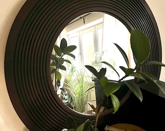 Large round mirror living room, Vintage brown wall mirror for hallway, Art deco bedroom wall hanging mirror, 1960s large wooden frame mirror