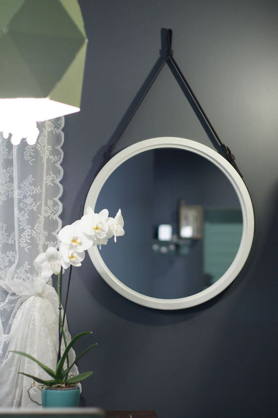 White Round Mirror Milan Strap Wall Hanging Leather Loft Style Belt Unique Vanity