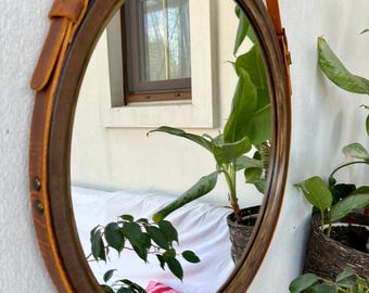 Brown round mirror leather strap, Large wall wood framed mirror, Large mirror for living room, Modern wall mirror for bathroom and entryway