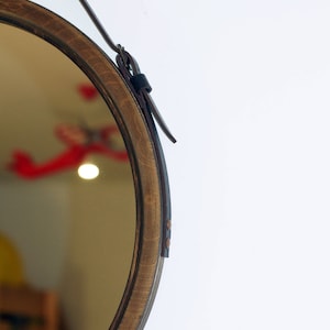 Round vanity mirror, Brown farmhouse mirror, Wood mirror, Modern mirror, Bathroom mirror, Leather mirror, Modern Wall Mirror, Hanging Mirror image 4