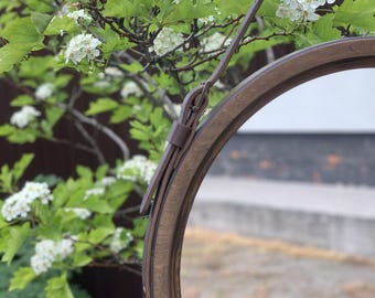 Luxury Brown Round Mirror with Leather Strap – Decorative Wood Hanging Mirror for Bathroom, Living Room, Farmhouse & Modern Home Decor