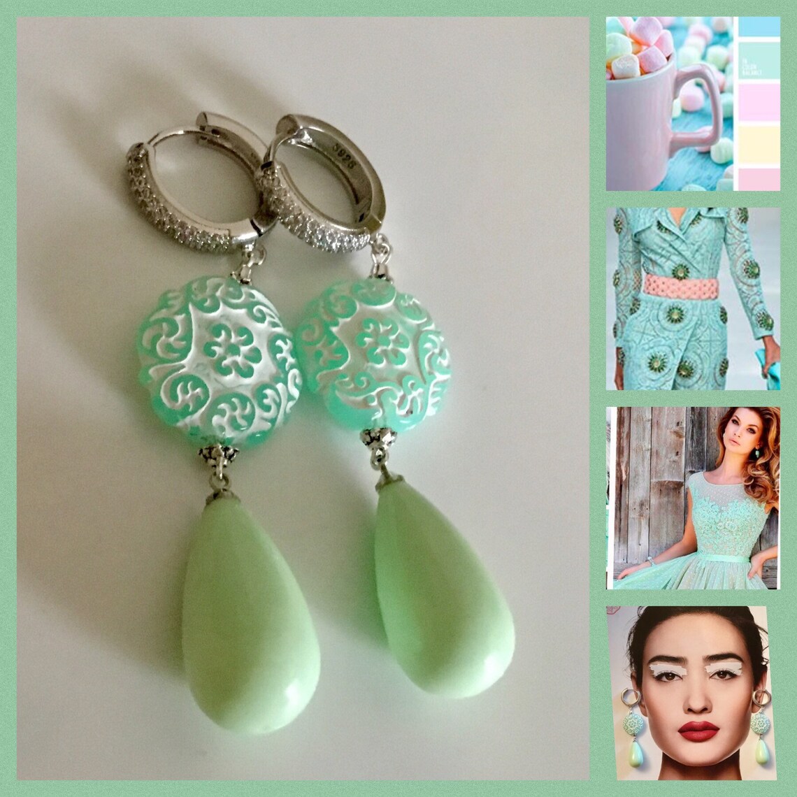 Pastel Green Earrings.long Drop Earrings. Etsy