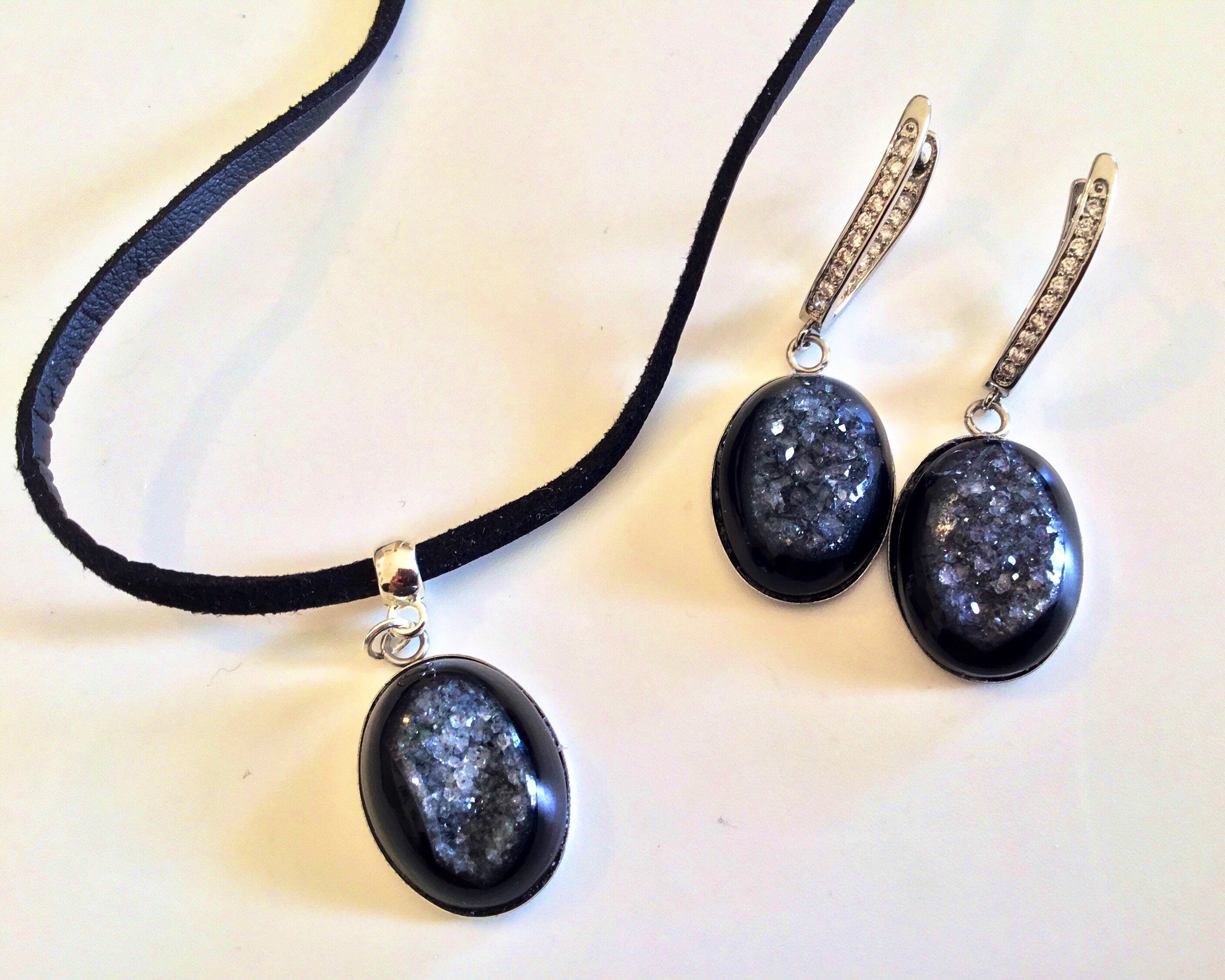 Black Onyx Jewelry Set. Geode Necklace 