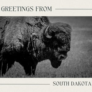 Groeten South Dakota, ansichtkaart vintage stijl: zwart-witfotografie Mount Rushmore, VS