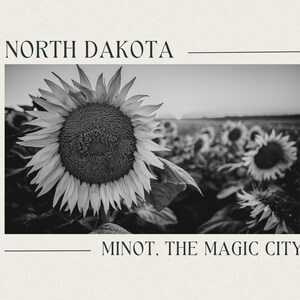 Postal de Minot, la ciudad mágica de Dakota del Norte, estilo vintage: fotografía en blanco y negro