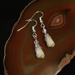 human tooth and Swarovski crystal dangly earrings, oddities curiosities, memento mori & mourning jewelry, gothic gift