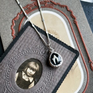 May include: A silver chain necklace with a black and white pendant featuring a stylized bird design. The pendant is set in a silver frame and hangs from a delicate chain.